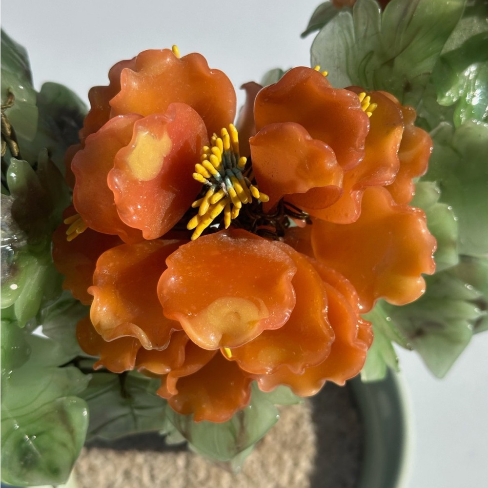 Orange Floral Jade / Glass Sculpture